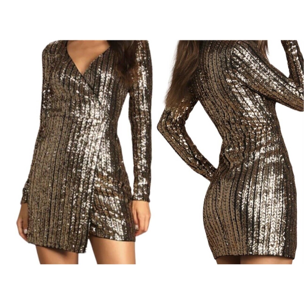 Lulus Party Starts Now Gold Sequin Tulip Long Sleeve Mini Dress Small